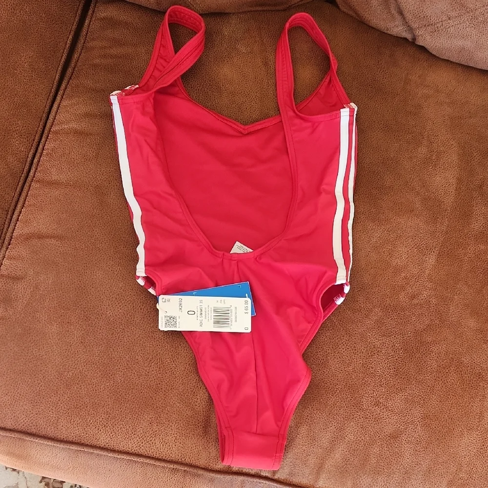 Adidas Red One-Piece Swimsuit with White Side Stripes - Picture 8 of 14